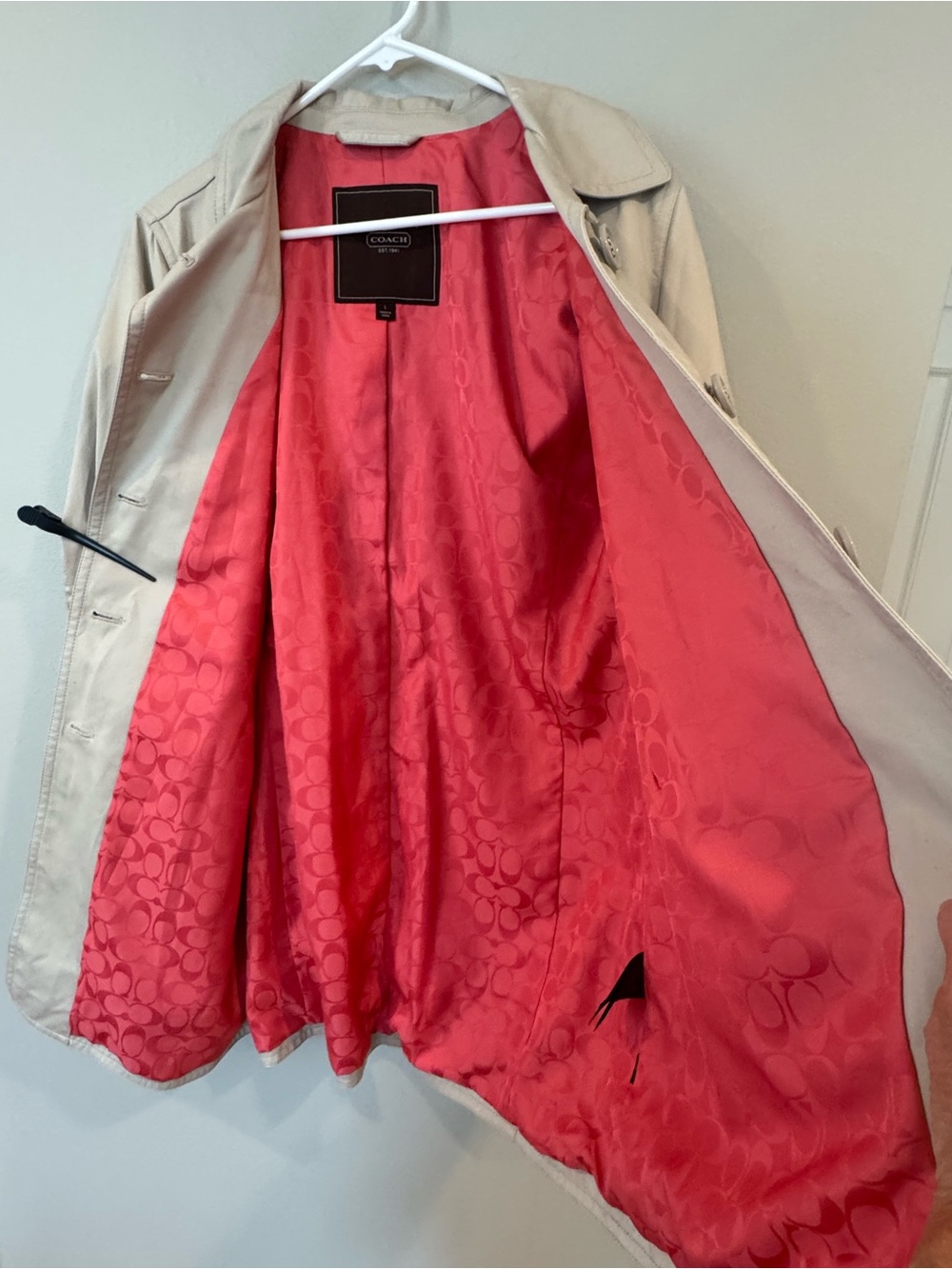COACH Single Breasted Short Trench Coat Bone L Pink Lining Small Stain See Pic - Picture 4 of 10
